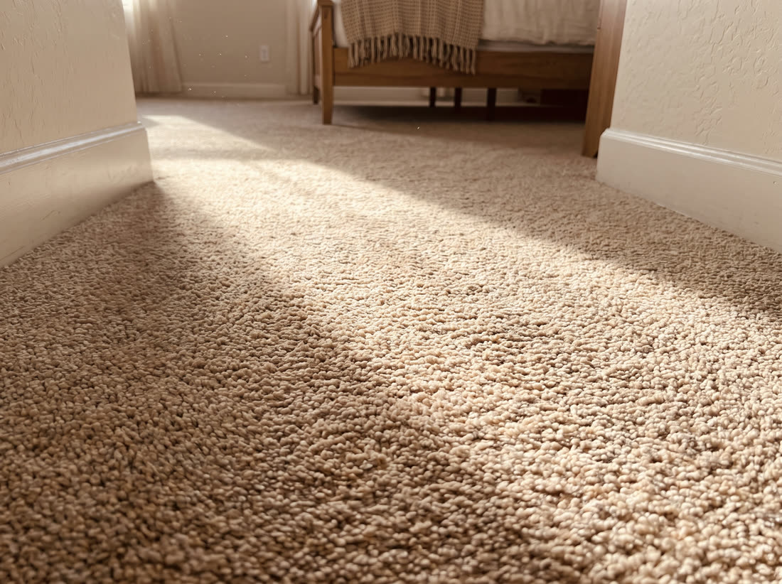 Wall to wall cut pile carpet in a warm beige, sunlight falling across it.