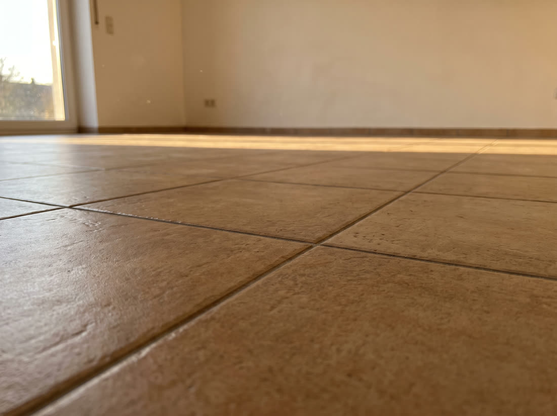 Large format stone effect ceramic tile in a straight grid with tight grout lines.