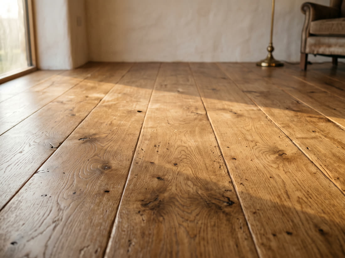 Wide plank natural oak hardwood with real grain and knots, satin finished.