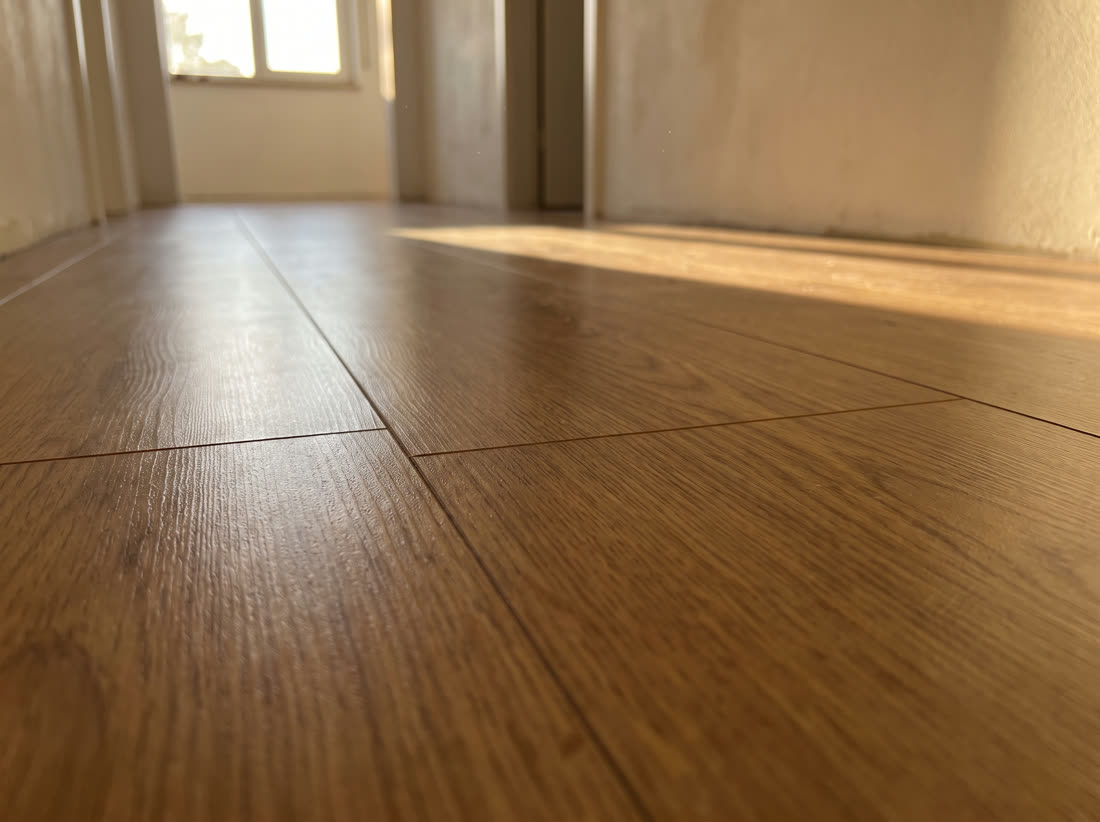 Warm brown laminate planks with tight joints and a fine bevel groove between boards.
