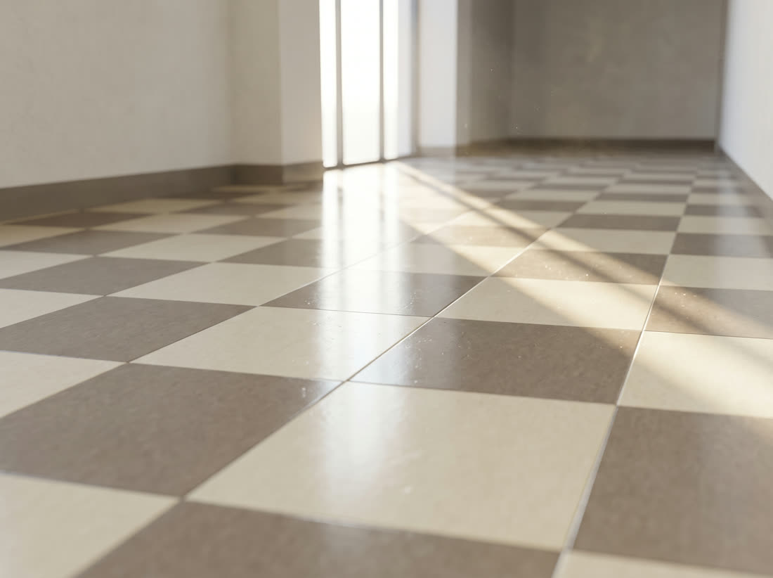 Polished vinyl composition tile in a cream and grey checkerboard, reflecting daylight.