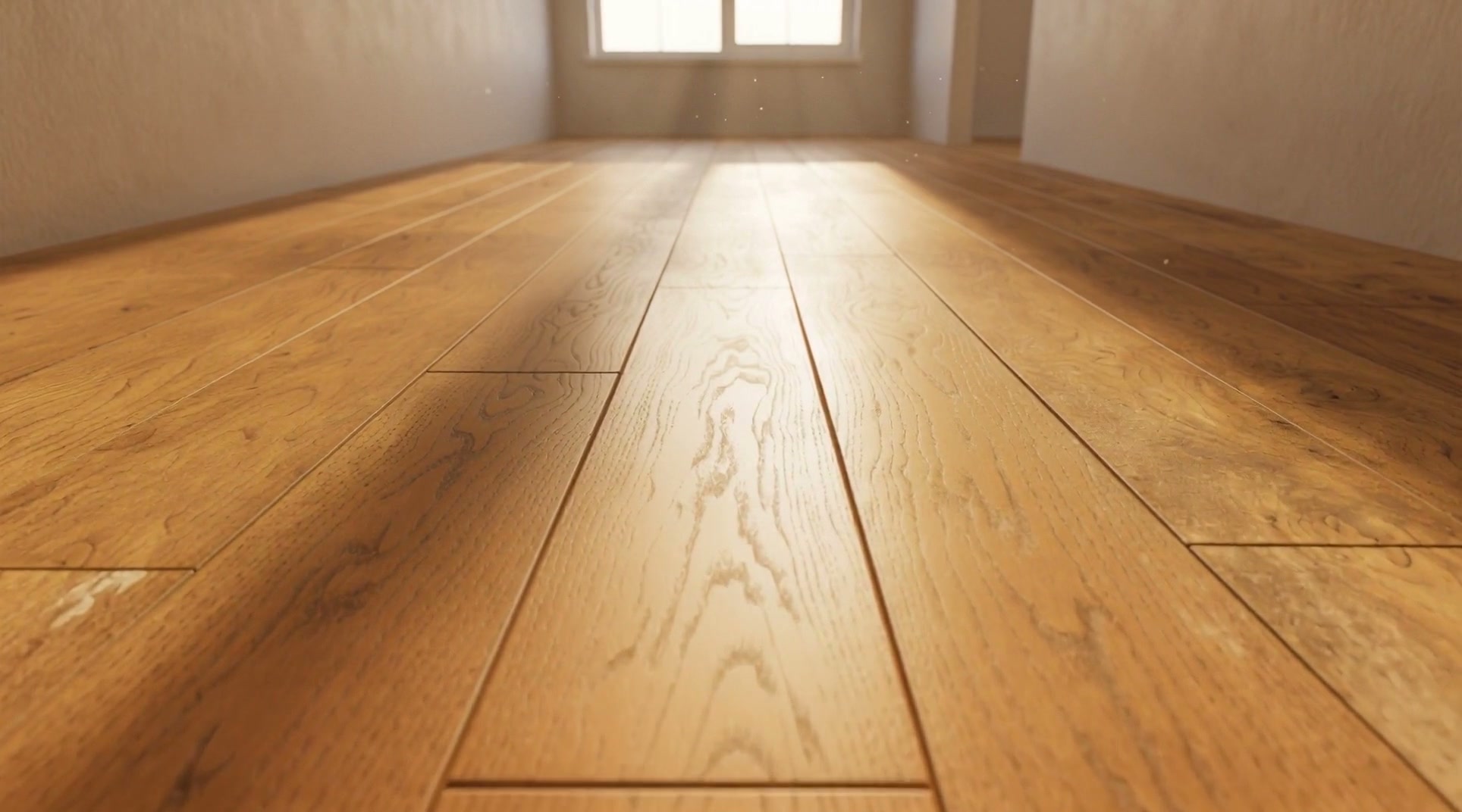 Warm oak hardwood flooring with afternoon sunlight lying across the boards.
