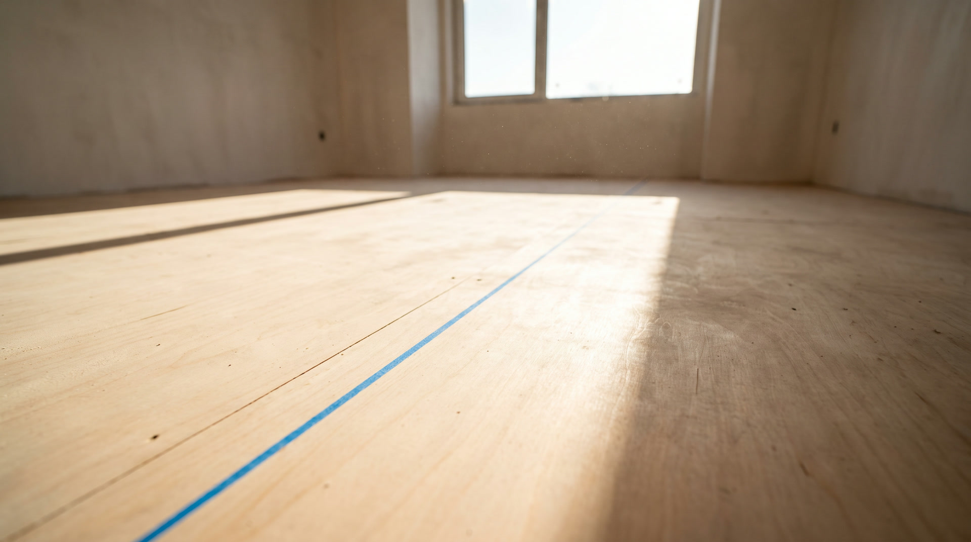 A swept, level plywood subfloor with a single blue chalk line snapped straight across it in afternoon light.