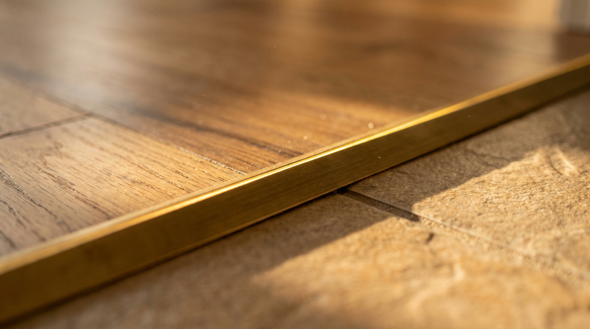 A close view of a brass threshold strip where oak planks meet stone tile, the joint tight and even in raking light.